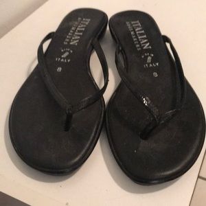 Black sequin strap, slight heeled sandal very comfortable.